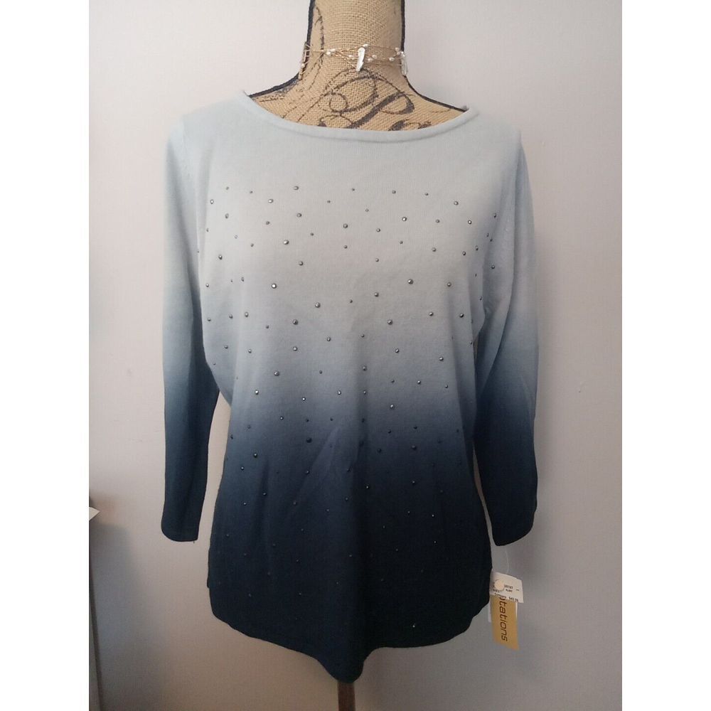 Notations Women Grey Blue Ombre Fade Rhinstone Sweater Top Size Large‎